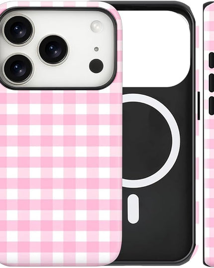 Magnetic for iPhone 17 Pro Max Case Cute Checkered Stripes Phone Case for Women Girls, Shockproof Slim TPU and Hard PC Protective Phone Cover Compatible with MagSafe Designed, Pink
