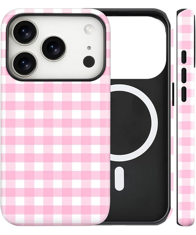 Magnetic for iPhone 17 Pro Max Case Cute Checkered Stripes Phone Case for Women Girls, Shockproof Slim TPU and Hard PC Protective Phone Cover Compatible with MagSafe Designed, Pink