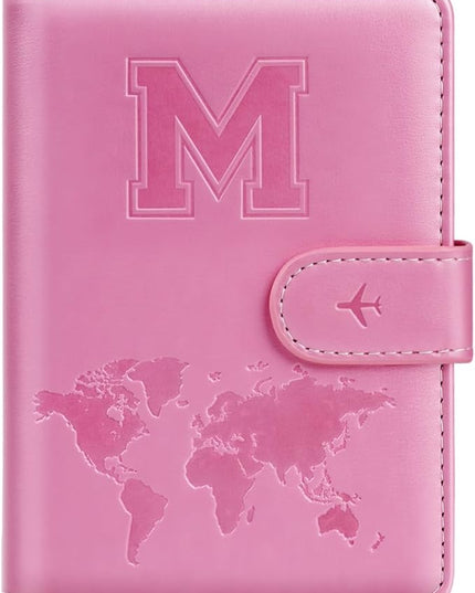 Passport Holder Cover Initail Letter A-Z Travel Wallet Embossed Design RFID Blocking Card Holder Personalized Gift Passport Cover Wallet, Passport Book Holders for Women and Girls, Pink-M