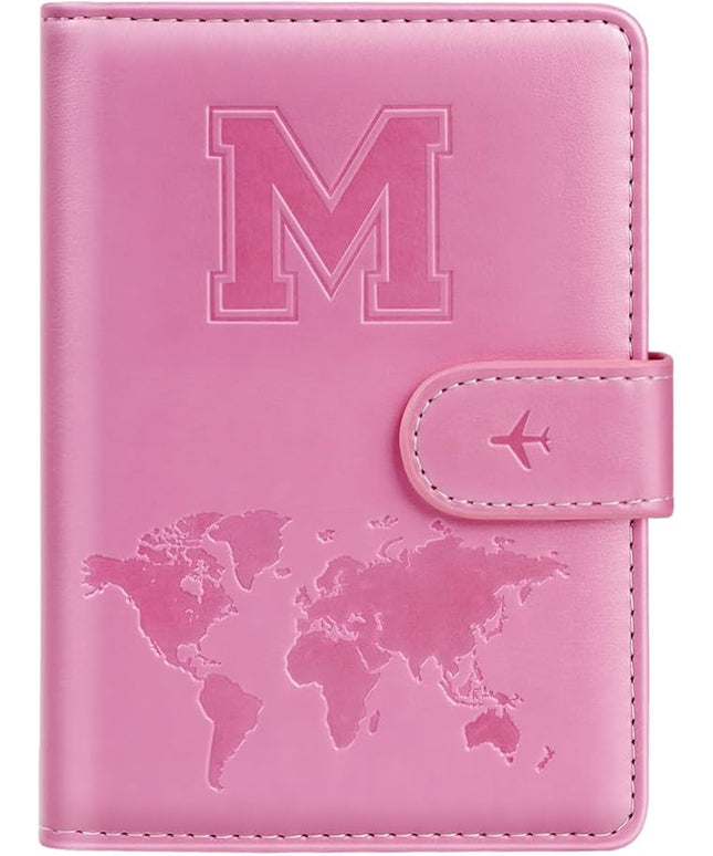 Passport Holder Cover Initail Letter A-Z Travel Wallet Embossed Design RFID Blocking Card Holder Personalized Gift Passport Cover Wallet, Passport Book Holders for Women and Girls, Pink-M