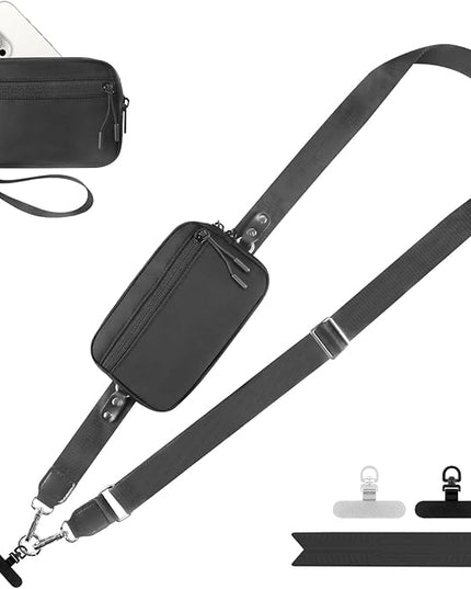 Clip and Go Strap for Phone with Wallet Crossbody, Adjustable Phone Lanyard with Detachable RFID Wristlet Wallet, Black (L)