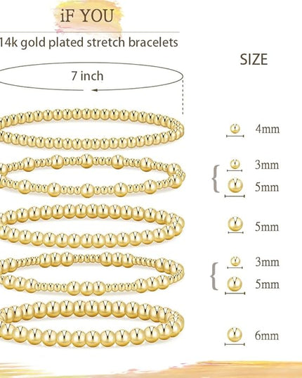 Gold Beaded Bracelets for Women, 14K Real Gold Plated Jewelry for Women Dainty Pearl Bead Bracelets Stack, Non Tarnish Trendy Stackable Ball Cross Stretch Bracelet Set Fashion Accessories Gifts