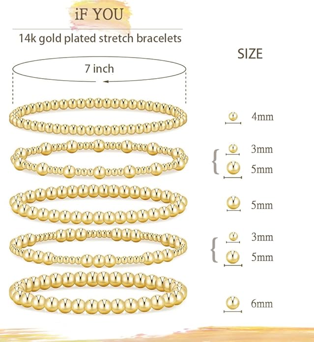 Gold Beaded Bracelets for Women, 14K Real Gold Plated Jewelry for Women Dainty Pearl Bead Bracelets Stack, Non Tarnish Trendy Stackable Ball Cross Stretch Bracelet Set Fashion Accessories Gifts
