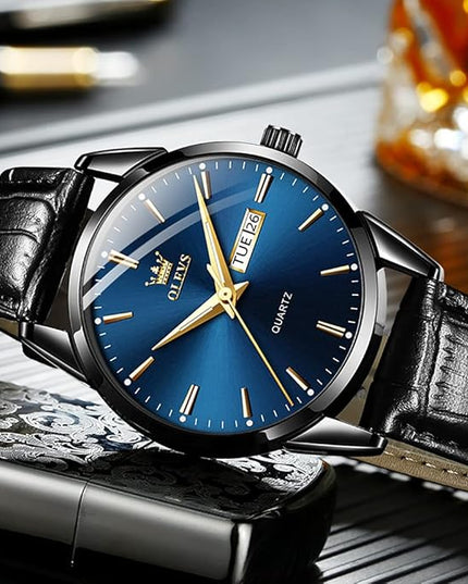 OLEVS Watches for Men Brown Leather Gold Case Analog Quartz Fashion Business Dress Watch Day Date Luminous Waterproof Casual Male Wrist Watches