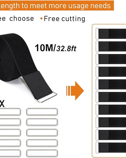 2" x32ft Reusable Cinch Strap with 20 Metal Buckles, Cut-to-Length Fastening Securing Straps, Adjustable Nylon Cable Straps and Cord Ties for Organizer or Storage, 2 inch Wide, Black