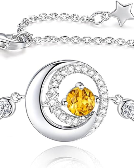 FANCIME Birthstone Bracelets 925 Sterling Silver Moon and Star Bangle Charm Bracelet Fine Jewelry Birthday Anniversary Christmas Day Gift for Her Women, Adjustable Chain 6.7"+1.2" Extend