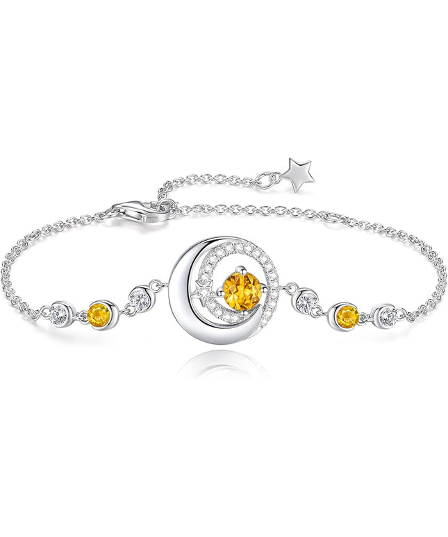 FANCIME Birthstone Bracelets 925 Sterling Silver Moon and Star Bangle Charm Bracelet Fine Jewelry Birthday Anniversary Christmas Day Gift for Her Women, Adjustable Chain 6.7"+1.2" Extend