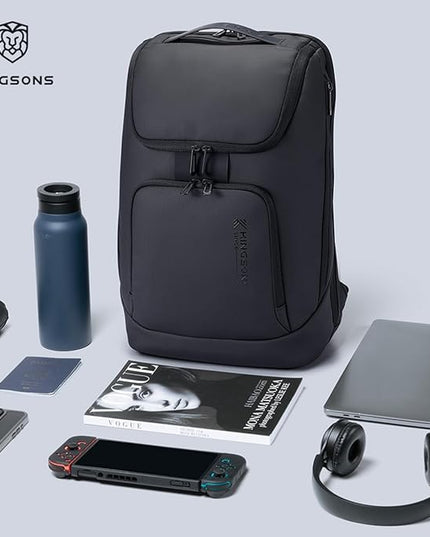 Kingsons Travel Backpack for Men, 19L Black Business Backpack with 15.6 Inch Laptop Compartment, Waterproof Polyester College Bookbag, Luggage Sleeve for Travel & Work