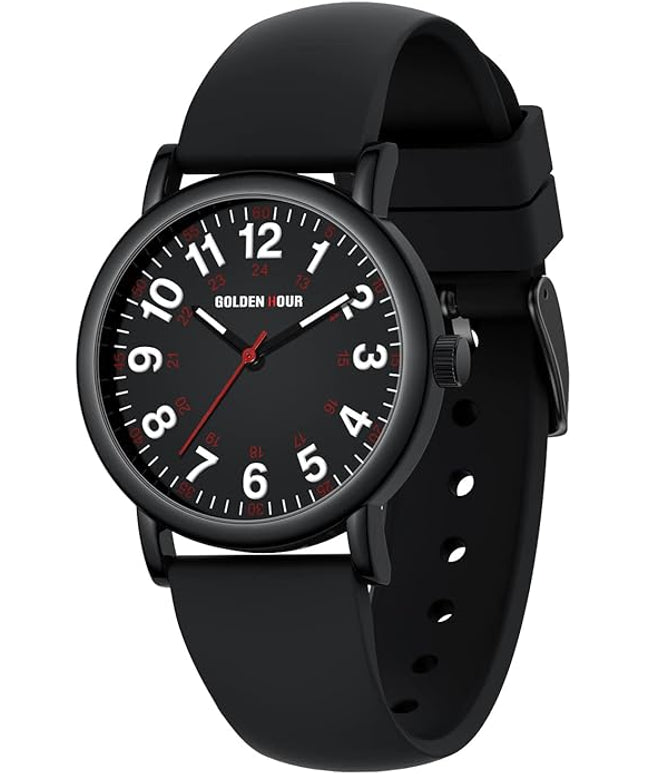 GOLDEN HOUR Waterproof Nurse Watch for Medical Professionals, Students Women Men - Military Time Luminouse Easy Read Dial, 24 Hour with Second Hand, Colorful Silicone Band