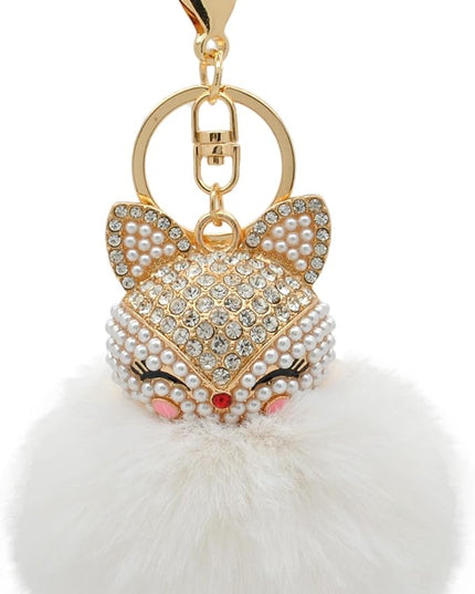 Faux Rabbit Fur Ball Pom Pom Keychain with Fox Head Studded with pearl Rhinestone for Womens Bag Car Key Decoration