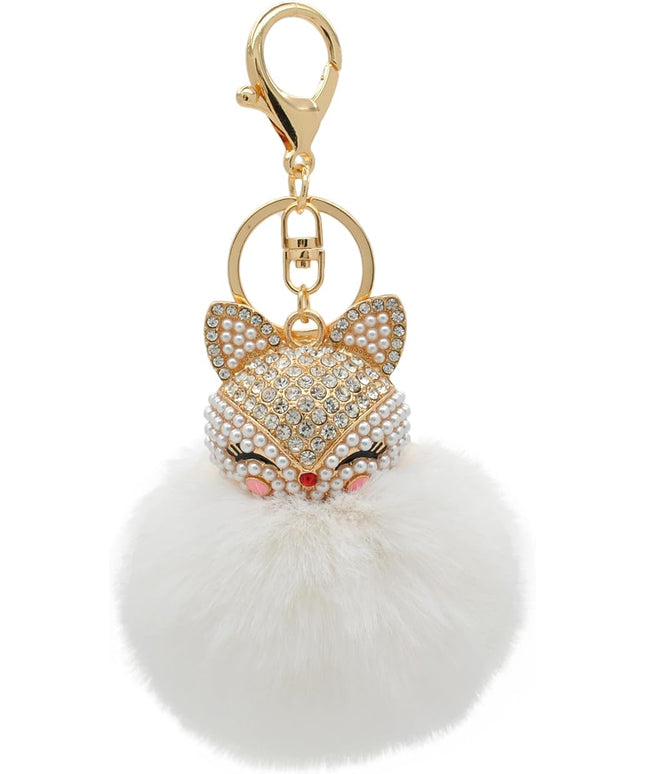 Faux Rabbit Fur Ball Pom Pom Keychain with Fox Head Studded with pearl Rhinestone for Womens Bag Car Key Decoration