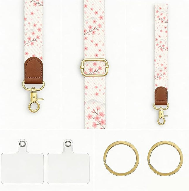 Phone Lanyard Crossbody with Wrist Strap, Adjustable Sakura Neck & Wrist Lanyard for Phones, Keys, ID Badges and Case Accessories – Universal Hands-Free Strap Set