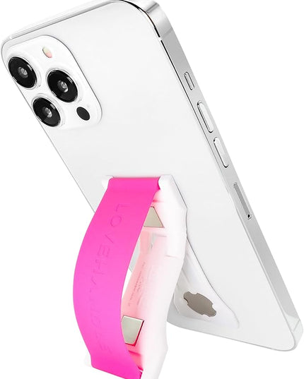 LoveHandle PRO Premium Phone Grip - Silicone Phone Strap - Magnetic Phone Mount and Kickstand for Smartphone and Tablet - Hot Pink Silicone on White Base
