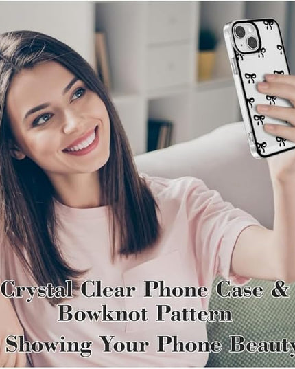 Designed for iPhone Case,Clear Cute Ribbon Bowknot Pattern Aesthetic Transparent Phone Case Raised Camera Protection Stylish Slim Soft Phone Case (Black,iPhone 13 Pro)