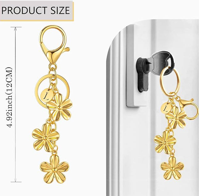 XGALBLA Gold/Silver Initial Keychain Flower Charms for Key Cute Letter Keyring for Purse Handbag Backpack