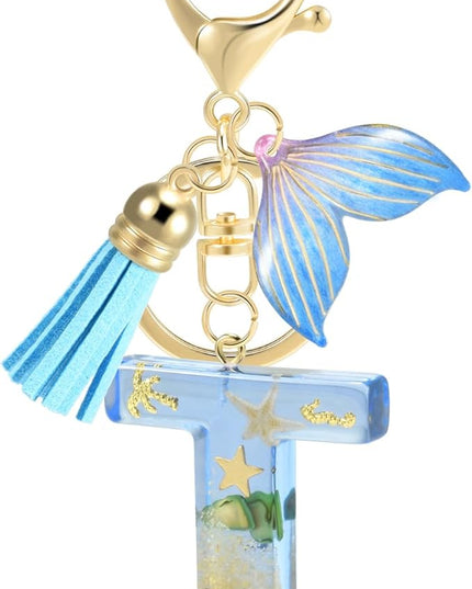 Initial letter Keychains for Women, Ocean Series Avowing Protect Earth Environment, Tassel Cute Car Keychain Initial Key Chain Keyring for Bookbag Handbag Backpack Charm Key Ring Unisex (Letter T)