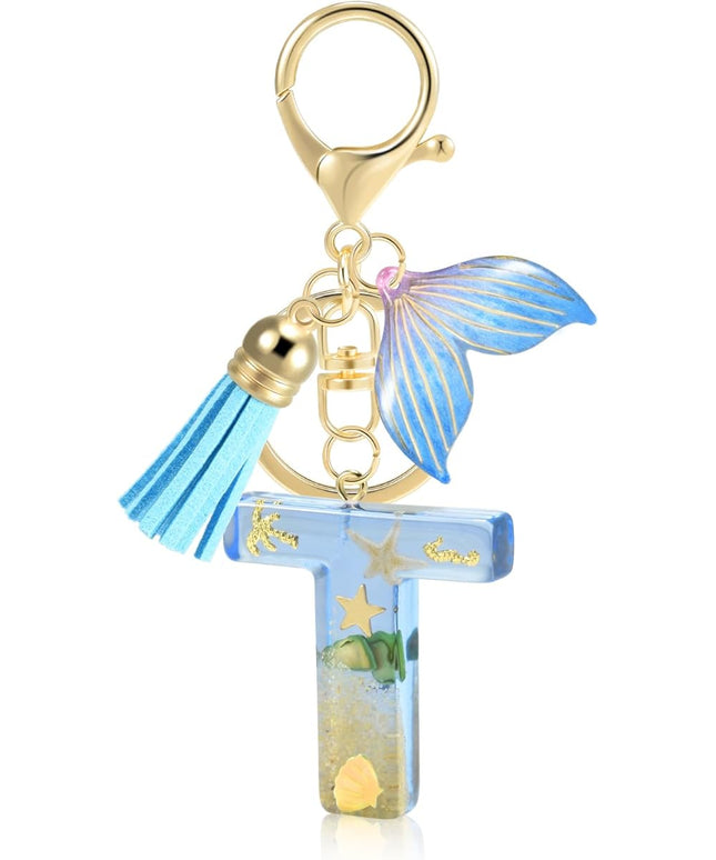 Initial letter Keychains for Women, Ocean Series Avowing Protect Earth Environment, Tassel Cute Car Keychain Initial Key Chain Keyring for Bookbag Handbag Backpack Charm Key Ring Unisex (Letter T)