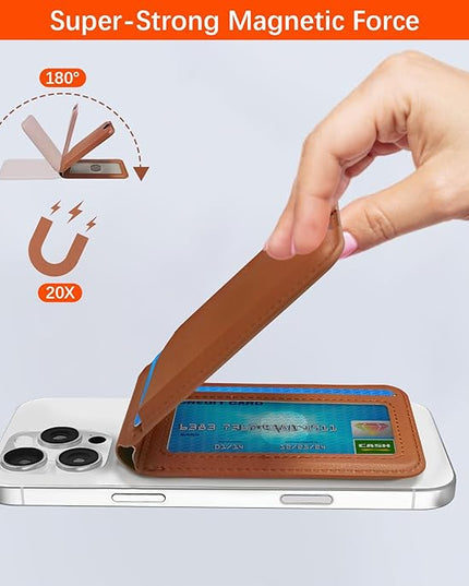 for Magsafe Wallet, Phone Cardholder with Adjustable Stand, Magnetic Card Holder with 3 Card Slots, Magnetic Wallet for iPhone 16/15/14/13/12 Series, Not for iPhone 13/12 Mini(Brown, Leather)