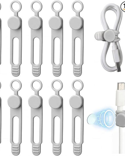 Geelin 10 Pack Magnetic Silicone Cable Ties bulk Reusable Cable Organizer Straps for Cord Management Magnetic Wire Ties for USB Cables Headphones Charger Cords Curtain Towel Straps(Gray)
