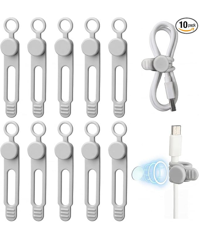Geelin 10 Pack Magnetic Silicone Cable Ties bulk Reusable Cable Organizer Straps for Cord Management Magnetic Wire Ties for USB Cables Headphones Charger Cords Curtain Towel Straps(Gray)