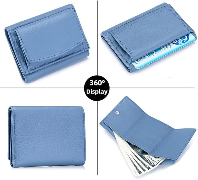 Mudono Small Wallet for Women Genuine Leather RFID Blocking Card Holder Minimalist Tri-fold Cash Wallet with Snap Coin Pouch
