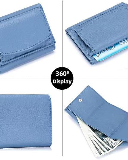 Mudono Small Wallet for Women Genuine Leather RFID Blocking Card Holder Minimalist Tri-fold Cash Wallet with Snap Coin Pouch