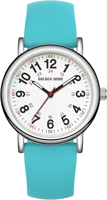 GOLDEN HOUR Waterproof Nurse Watch for Medical Professionals, Students Women Men - Military Time Luminouse Easy Read Dial, 24 Hour with Second Hand, Colorful Silicone Band
