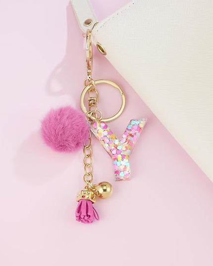 Resin Alphabet Initial Letter Keychain Keyring for Women Purse Handbags With Fur Ball Pom