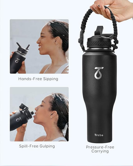 Trebo 40 oz Insulated Water Bottle that Fits in Car Cup Holder,Triple Wall Stainless Steel Water Bottles Insulated,LeakProof,Keep 48 hrs Cold & 24 hrs Hot,Metal Tumbler with Paracord Handle,Straw