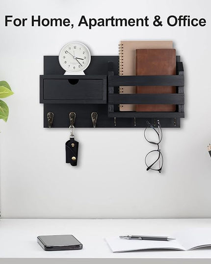Lwenki Wall Mount Key Holder with Mail Organizer, 100% Paulownia Wood, 7 Metal Hooks, Storage Drawer, Entryway Home Decor (Black)
