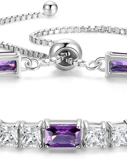 FANCIME Birthstone Bracelet for Women, Sterling Silver 4x6mm Gemstone Tennis Bracelet Bolo Adjustable Chain Fine Jewelry Birthday Gifts for Women Mom Wife Her