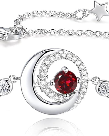 FANCIME Birthstone Bracelets 925 Sterling Silver Moon and Star Bangle Charm Bracelet Fine Jewelry Birthday Anniversary Christmas Day Gift for Her Women, Adjustable Chain 6.7"+1.2" Extend