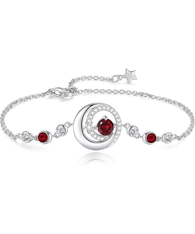 FANCIME Birthstone Bracelets 925 Sterling Silver Moon and Star Bangle Charm Bracelet Fine Jewelry Birthday Anniversary Christmas Day Gift for Her Women, Adjustable Chain 6.7"+1.2" Extend