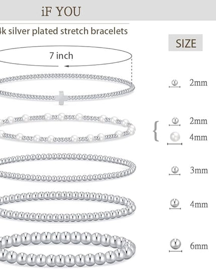 Gold Beaded Bracelets for Women, 14K Real Gold Plated Jewelry for Women Dainty Pearl Bead Bracelets Stack, Non Tarnish Trendy Stackable Ball Cross Stretch Bracelet Set Fashion Accessories Gifts