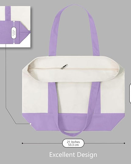 TOPDesign 3-Pack Canvas Tote Bags with an External Pocket, Reusable Grocery Shopping Bags, Top Zipper Closure, Daily Essentials (Lavender/Natural)