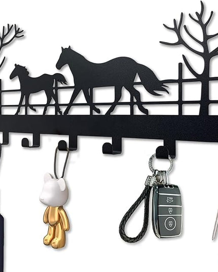 ShowMtheM Metal Horse Key Holder for Wall,Metal Key Organizer Wall Decorative with 7 Hooks,Black Wall Mount Key Holder for Entryway,Front Door,Hallway,Office