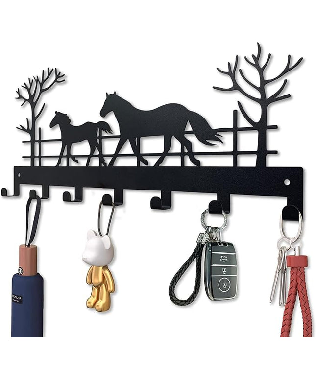ShowMtheM Metal Horse Key Holder for Wall,Metal Key Organizer Wall Decorative with 7 Hooks,Black Wall Mount Key Holder for Entryway,Front Door,Hallway,Office