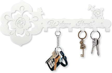 Deveosa Key Hooks Holder for Wall Decorative - Small White Entryway Welcome Home Sign Key Hanging Hangers Wall Mounted Racks