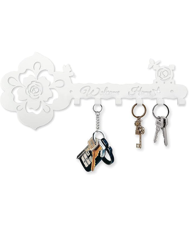 Deveosa Key Hooks Holder for Wall Decorative - Small White Entryway Welcome Home Sign Key Hanging Hangers Wall Mounted Racks