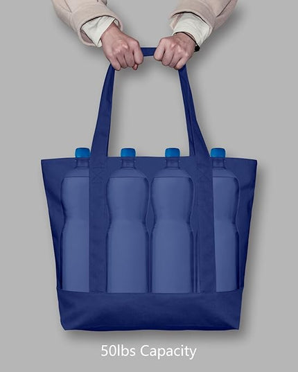 TOPDesign 3-Pack Canvas Tote Bags with an External Pocket, Reusable Grocery Shopping Bags, Top Zipper Closure, Daily Essentials (Blue)