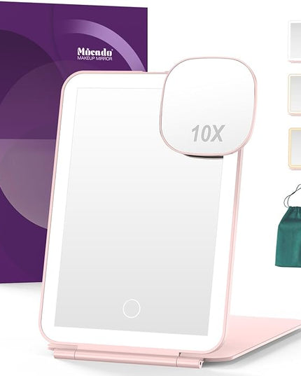 LED Foldable Travel Makeup Mirror - 5x6 inches3 Colors Light Modes USB Rechargeable Touch Screen, Portable Tabletop Cosmetic Mirror for Travel, Cosmetic, Office (Pink)