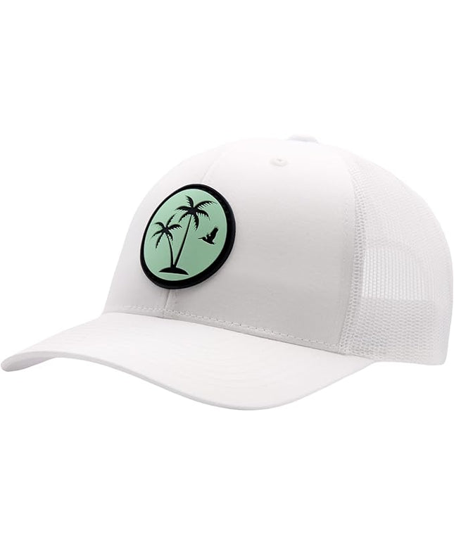 LINDO Trucker Hat [ Palm Tree 2.0 Design ] for Men and Women: Mid Profile Cap with Breathable Mesh Back and Adjustable Snap