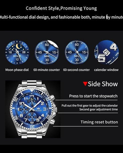 OLEVS Mens Watches Chronograph Watch Luxury Dress Stainless Steel Waterproof Watches for Men Moon Phase Luminous Business Calendar Wrist Watch Blue/Black/Green/Gold/Face