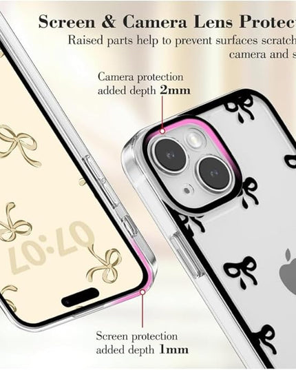 Designed for iPhone Case,Clear Cute Ribbon Bowknot Pattern Aesthetic Transparent Phone Case Raised Camera Protection Stylish Slim Soft Phone Case (Black,iPhone 12)