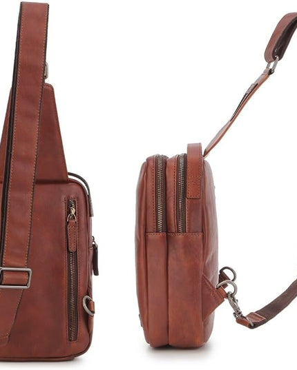 Genuine Leather Sling Bag for Men and Women Chest Bag Purse Crossbody Shoulder Bags Backpack Hiking Backpack Daypack (Brown)