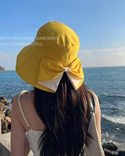 Womens Wide Brim Sun Hats UPF50+ UV Packable Beach Hat Summer Bow Decoration Bucket Cap for Travel