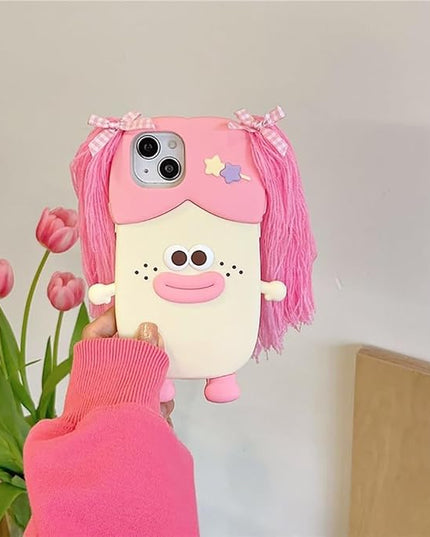 Case Compatible with iPhone 14,Cute 3D Kawaii Funny Braided Sausage Mouth Girl Pink Cartoon Cover with Keychain Soft Silicone Gel Drop Protector Women Girls