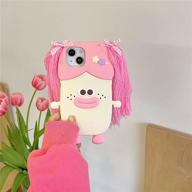 Case Compatible with iPhone 14,Cute 3D Kawaii Funny Braided Sausage Mouth Girl Pink Cartoon Cover with Keychain Soft Silicone Gel Drop Protector Women Girls