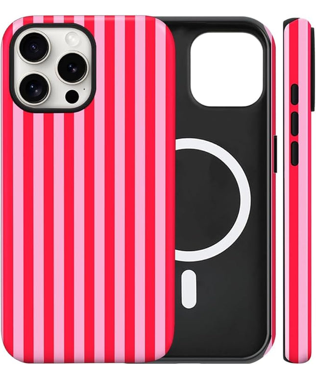 Magnetic for iPhone 13 Pro Max Case Cute Stripes Phone Case, Shockproof Slim TPU and Hard PC Protective Phone Cover Compatible with MagSafe Designed for Women Girls, Red and Pink