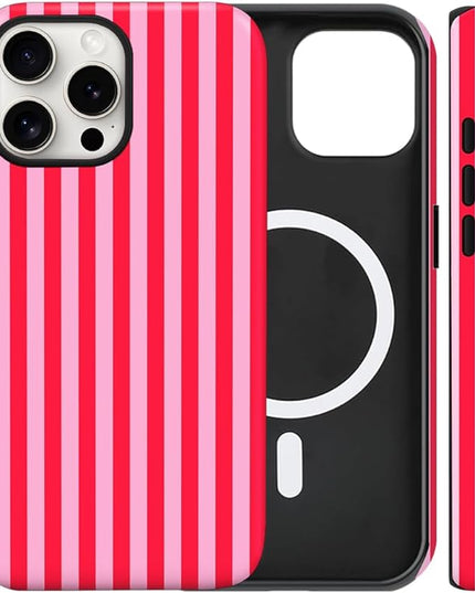 Magnetic for iPhone 11 Case Cute Stripes Phone Case, Shockproof Slim TPU and Hard PC Protective Phone Cover Compatible with MagSafe Designed for Women Girls, Red and Pink